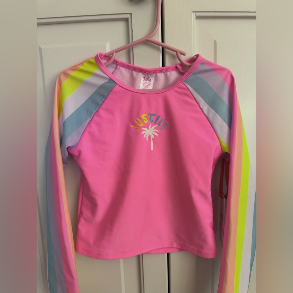 Justice Girls' Pink Long-Sleeve Rash Guard 2 Piece Swim Set